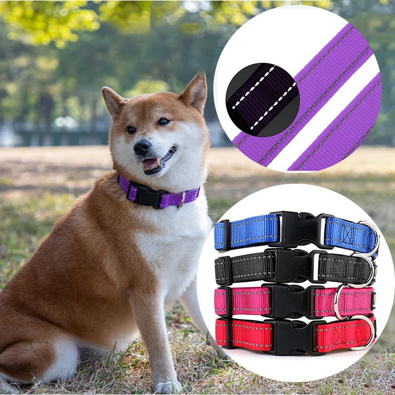 

Classic Adjustable Nylon Dog Collar with reflective tape Widened Soft Deluxe Webbing Collars for Medium Large Dogs collare cane