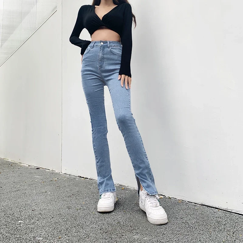 2024 Spring and Autumn Chic High Waist Blue Denim Pants Small Split Slim Thin Flared Jeans Casual Pencil Tight Skinny Trousers