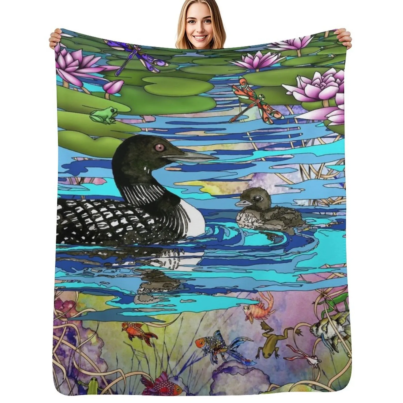 Loons and Water Lilies Throw Blanket Anti Shedding Soft Fuzzy Blanket for Home