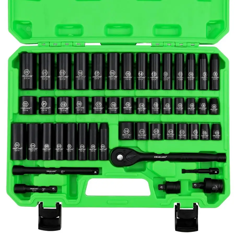 

3 8 Drive Impact Socket Set, 50Piece Standard SAE 5 16 to 3 4 inch and Metric 822mm Size, 6 Point, CrV, 3 8Inch Ratchet Handle,