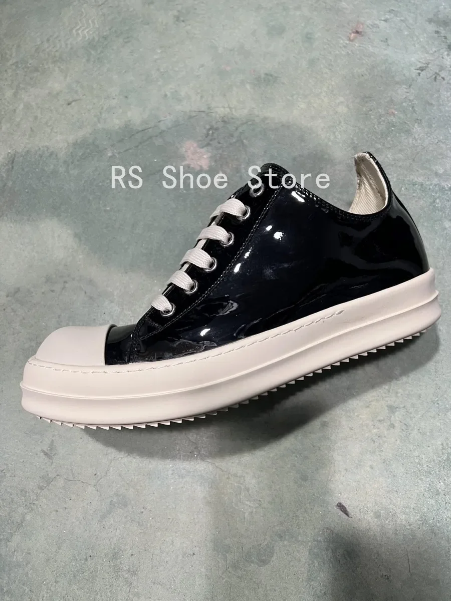 

Ro Men Shoes Black Leather Low Top Shoe Lace Up Women Casual Sneaker Design Mirror Side Cowhide Flat Sneakers
