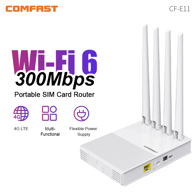 

Comfast Wi-Fi-маршрутизатор Сетевой модем 300 Мбит/с Внешняя антенна SIM-карта 4G Беспроводной маршрутизатор 2 LAN WAN LTE Roteador для домашнего офиса