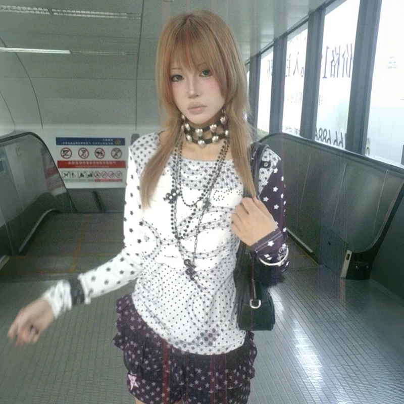 Japanese Y2k Anime Print T-shirt 2000s Style Polka Dot T Shirt Vintage Harajuku Long Sleeve Patchwork Top American Retro outfits