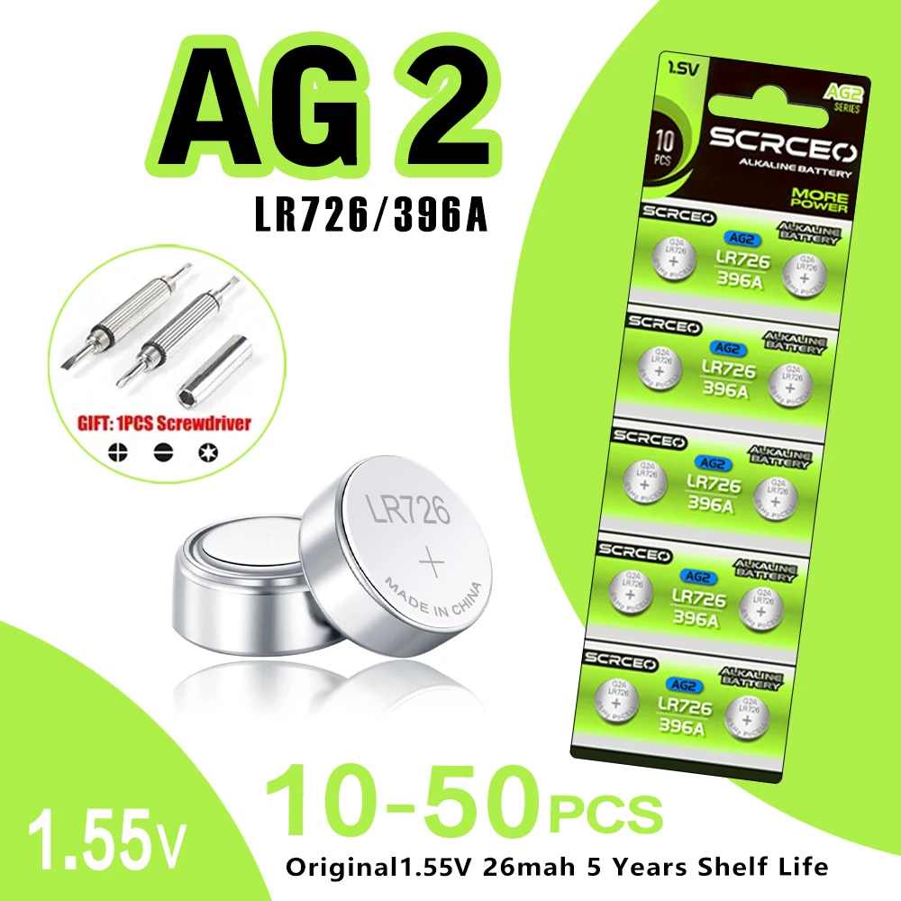 10-50 Uds LR726 AG2 SR726SW,LR726,396A,196、379 1,5 V batería de botón de dióxido de manganeso de litio, adecuada para calculadoras, reloj