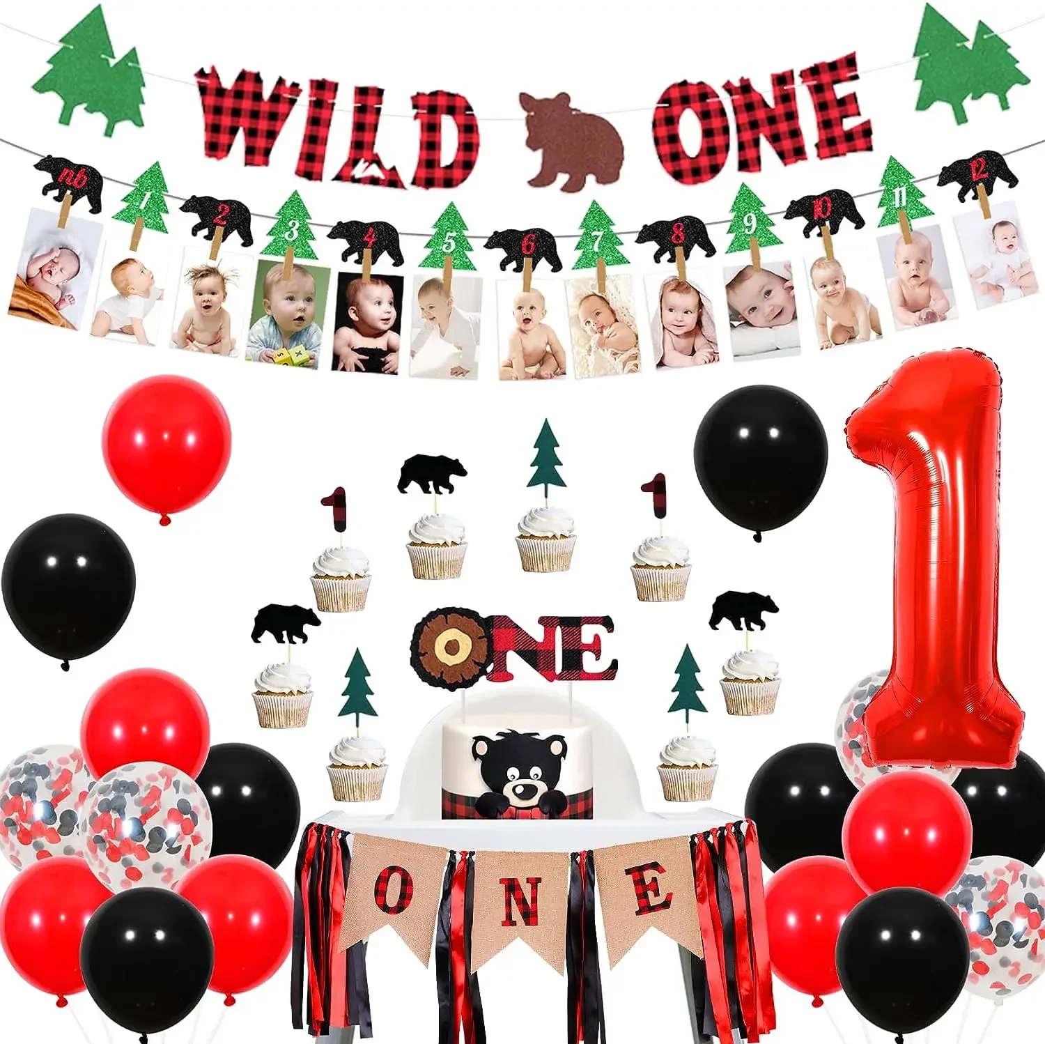 

Lumberjack First Birthday Decorations for Boys, Buffalo Plaid, Wild One Banner, Happy Camper, Monthly Photo Banner, Cake Topper