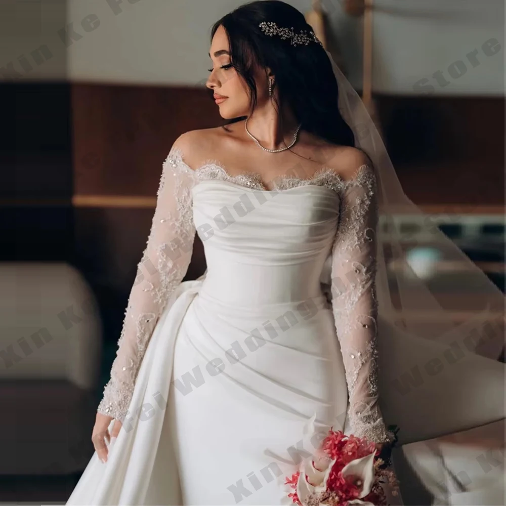 Elfenbein Damen Satin Brautkleider Meerjungfrau Elegante Spitze Langarm Prinzessin Ball Brautkleider Formelle Party Maßgeschneiderte Vestidos