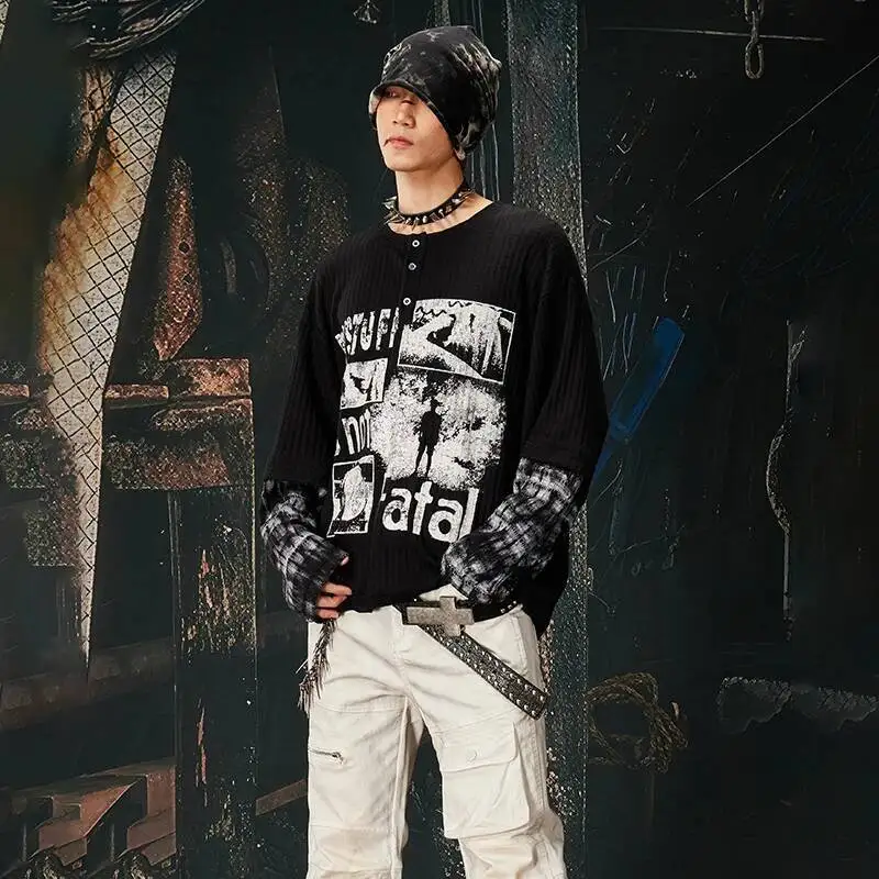LUZHEN 2026 New Original Pattern Patchwork Fake Two Piece Design Long Sleeve T-shirt Men's Fashion Round Neck Casual Tops JY6762