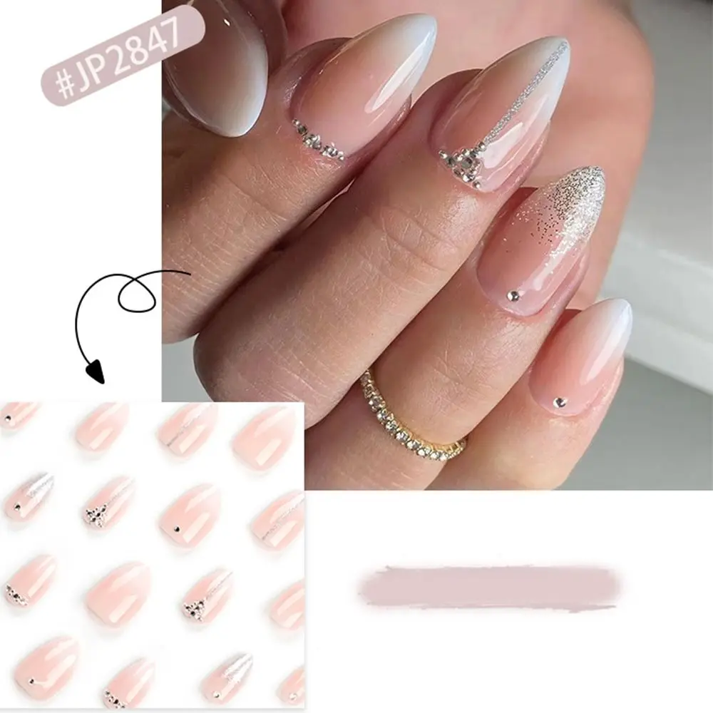 Manicura uñas postizas largas de almendra rosa brillante prensa en uñas hojas simples puntas de uñas DIY