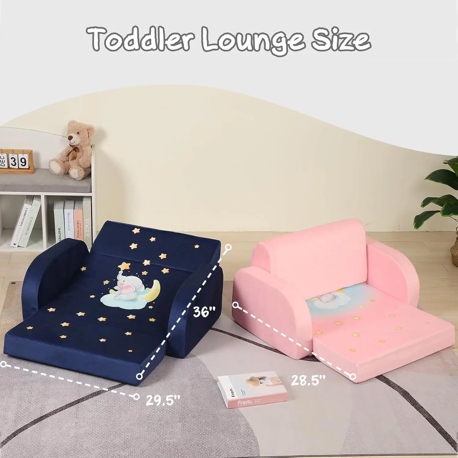 Sofá infantil 3 em 1, sofá infantil de veludo com design flip, espreguiçadeira extra larga azul marinho