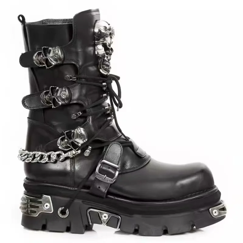 Top layer cowhide tank bottom locomotive boots skull punk metal chain men and women dark rock leather thick bottom medium tube