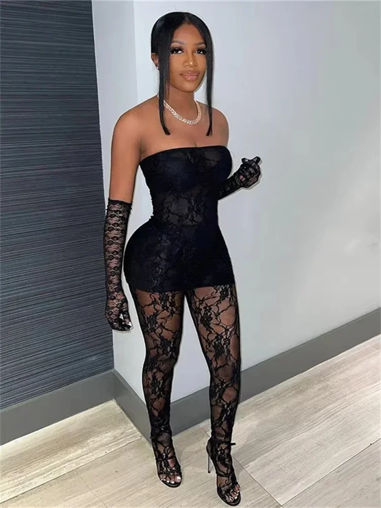 

Simenual Trim Sheer Lace Женские комплекты из 3 предметов Однотонный топ без бретелек Горячие узкие колготки Брюки Baddie Клубный наряд Нижнее белье Костюм