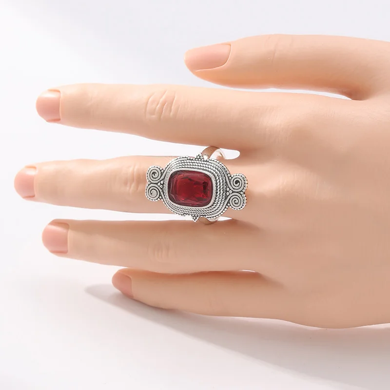 Vintage-Ring für Damen mit eingelegtem roten CZ, silberfarben, handgeschnitzte Spiralgeometrie, für den täglichen Gebrauch, Partyschmuck, Jubiläumsgeschenk – Detail 4