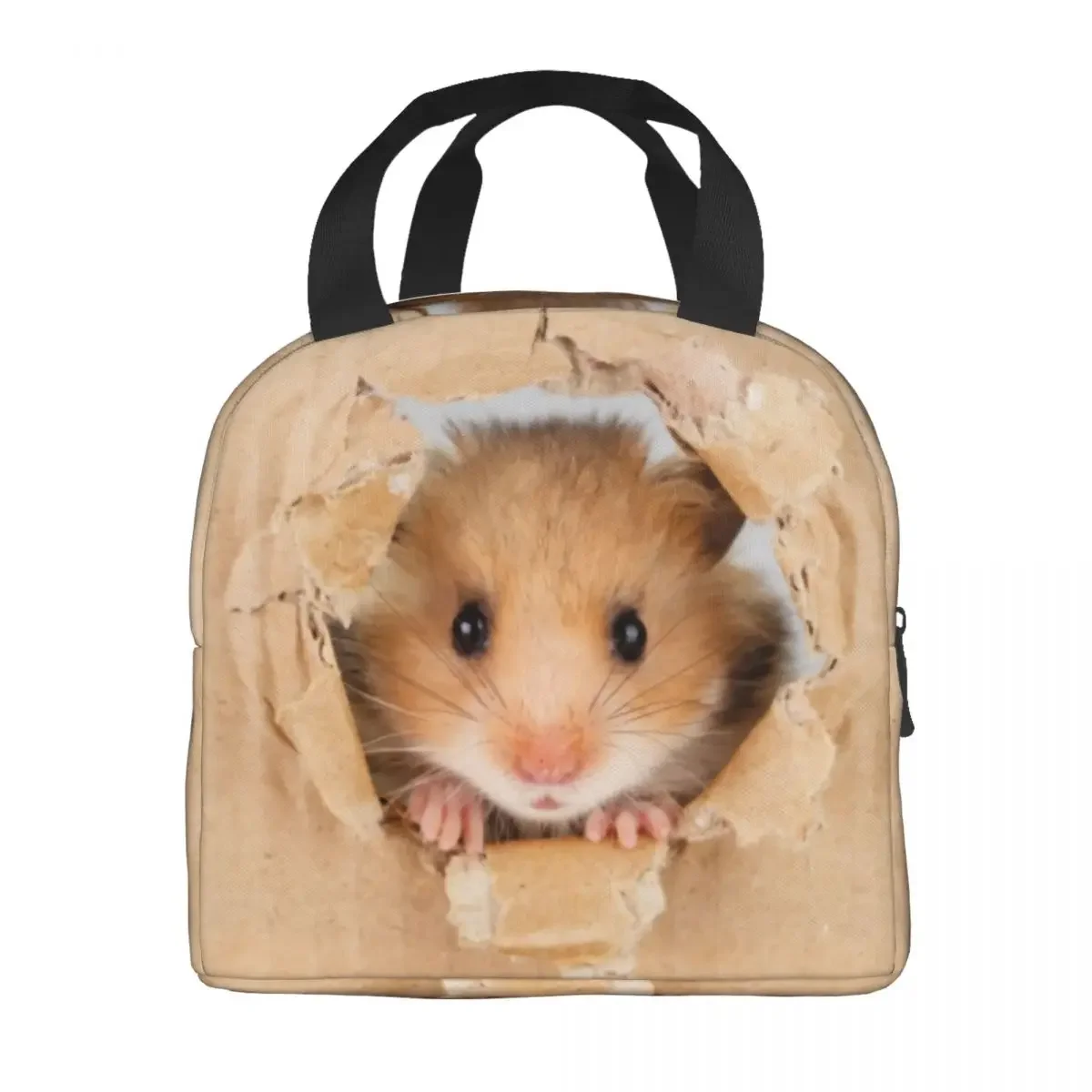 Hamster Peeping Through Hole In Brown Cardboard Insulated Lunch Bags for Women Resuable Cooler Thermal Bento Box School