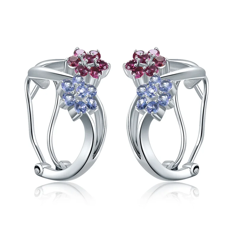 

Genuine 1.4ct Natural Tanzanite Garnet Flower Hoop Huggie Earrings Solid 925 Sterling Silver Gemstone Fine Christmas Gift