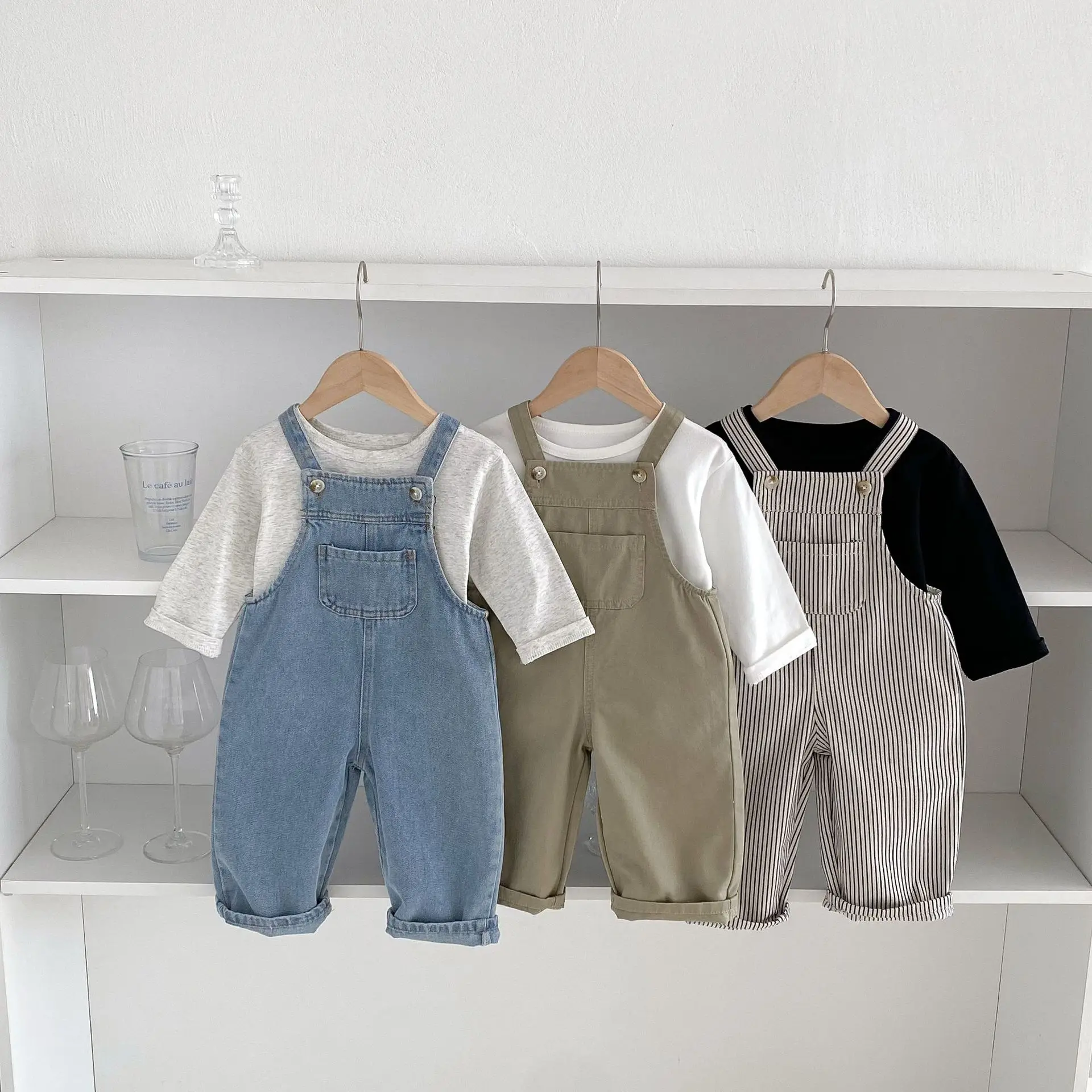 2025 Autumn New Children Loose Overalls Solid Boys Fashion Denim Jumpsuit Kids Girls Striped Strap Trousers Baby Casual Pants