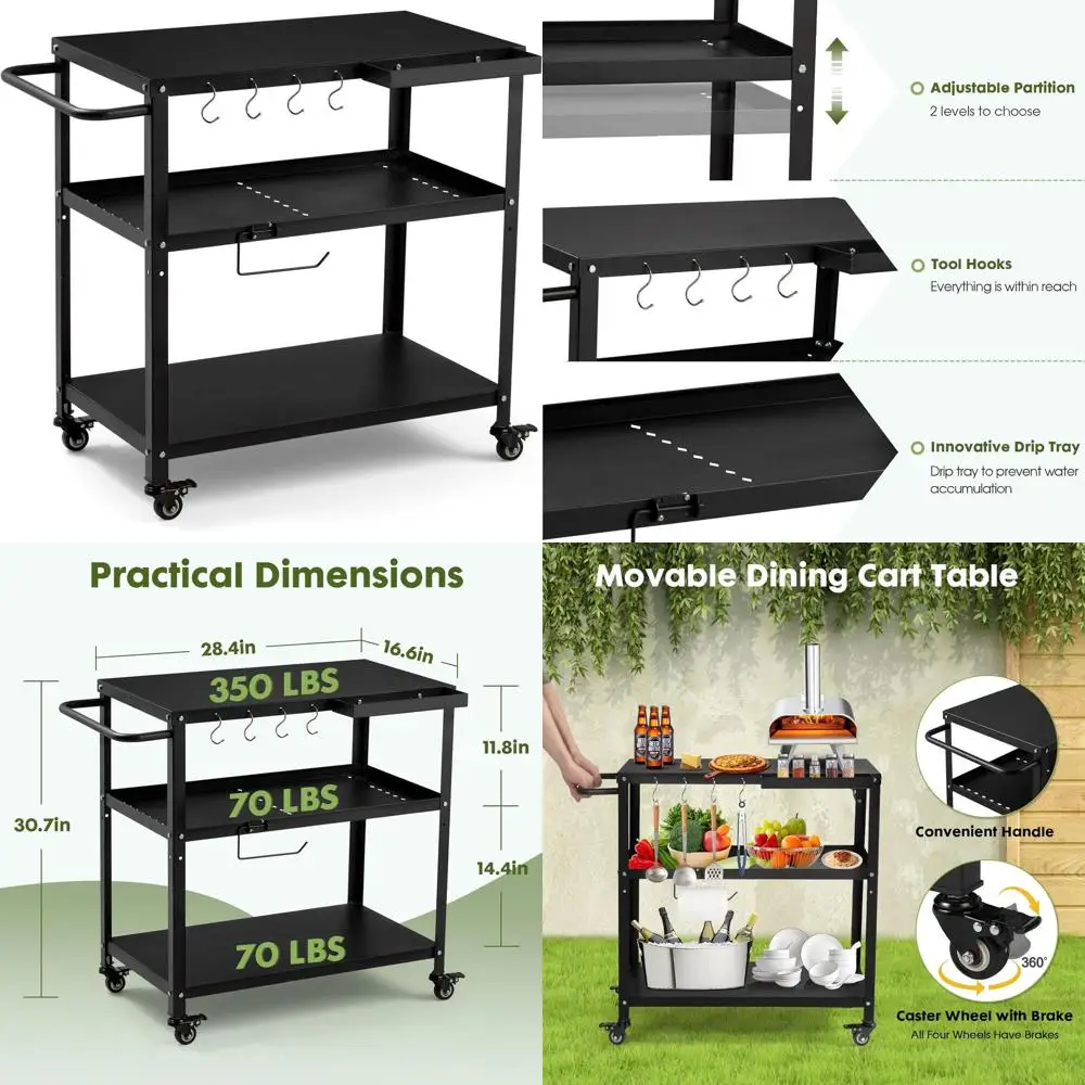 

Versatile Outdoor/Indoor Pizza Oven Table with 4 Lockable Casters, Hooks, and Side Handle (Black)