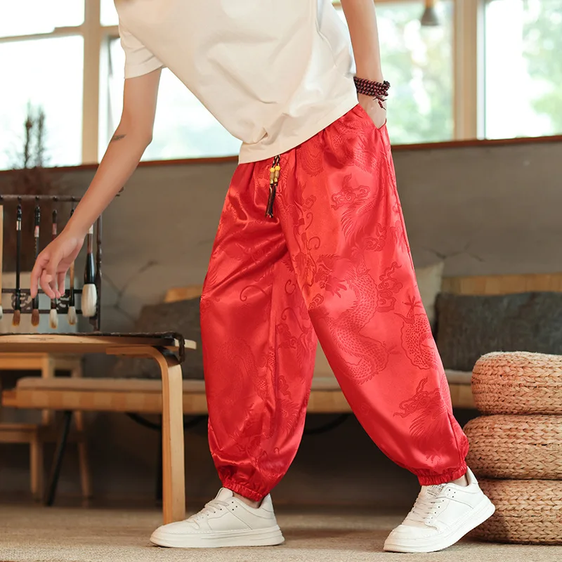 Neue männer Casual Hosen Japan Stil Lose Hosen Sommer Eis Seide Drachen Dunkle Blume Hosen Outdoor High Street Casual Kordelzug – Detail 6