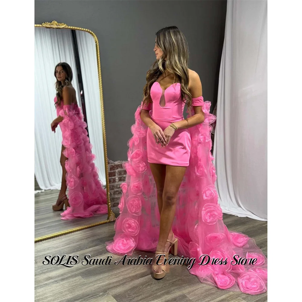

SOLIS Hot Pink Party Dress Strapless فساتين السهرة Detachable Sleeves Night Dress Flower Celebrity Dress Customized
