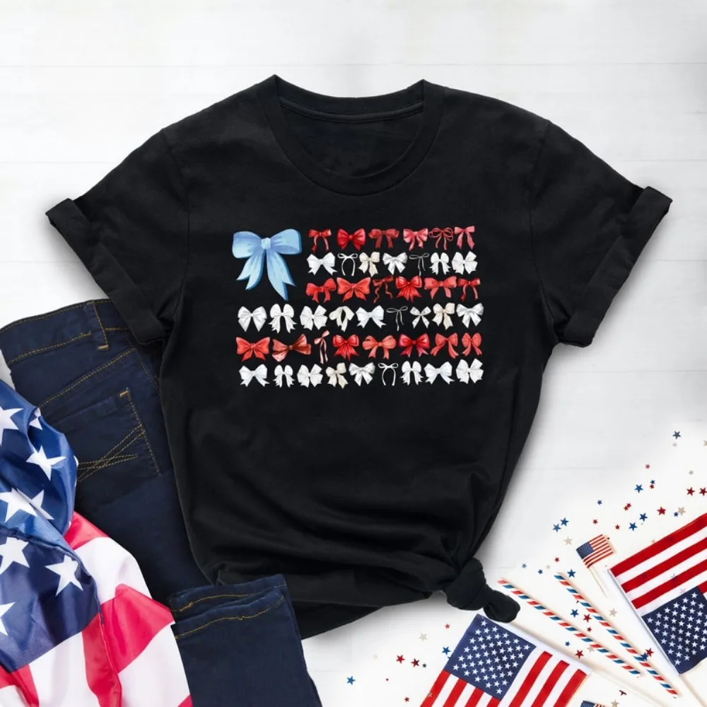 Bowknot 4th of July Shirt Bow American Flag T-Shirt Coquette Gift American Girl Tee Summer 4th of July Shirt Cute American Tops