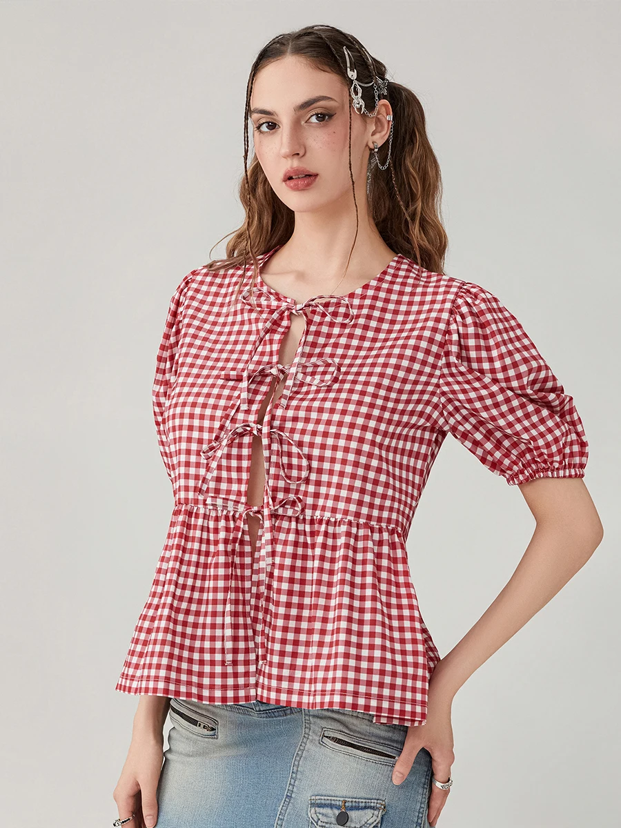 Women Y2k Plaid Tie Front Shirt Puff Sleeve Peplum Blouse Round Neck Babydoll Top Casual Streetwear