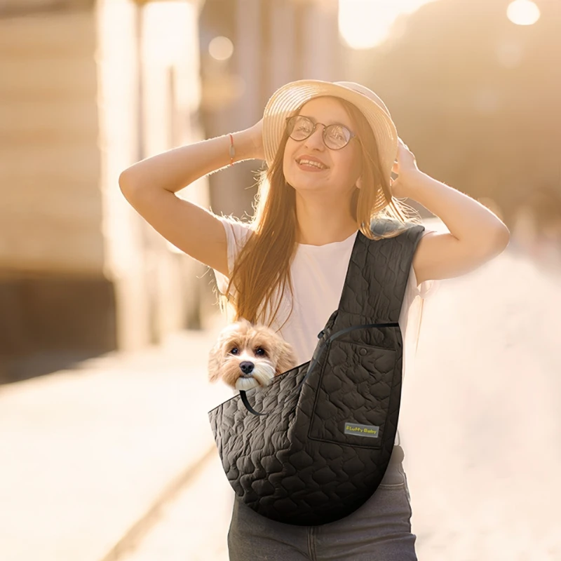Quilted Pet Sling Carrier Bag Wide Shoulder Strap Crossbody Travel Pouch with Pocket for Small Dogs Cats Outdoor Use 반려동물 이동가방