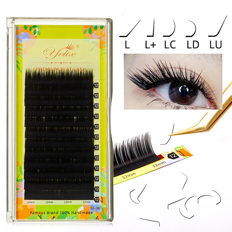 Yelix Flat Ellipse Eyelashes Split Tips L Curl Lashes 0.15 0.20 Black Color Super Soft Natural Eyelash Extension Fake Eyelashes