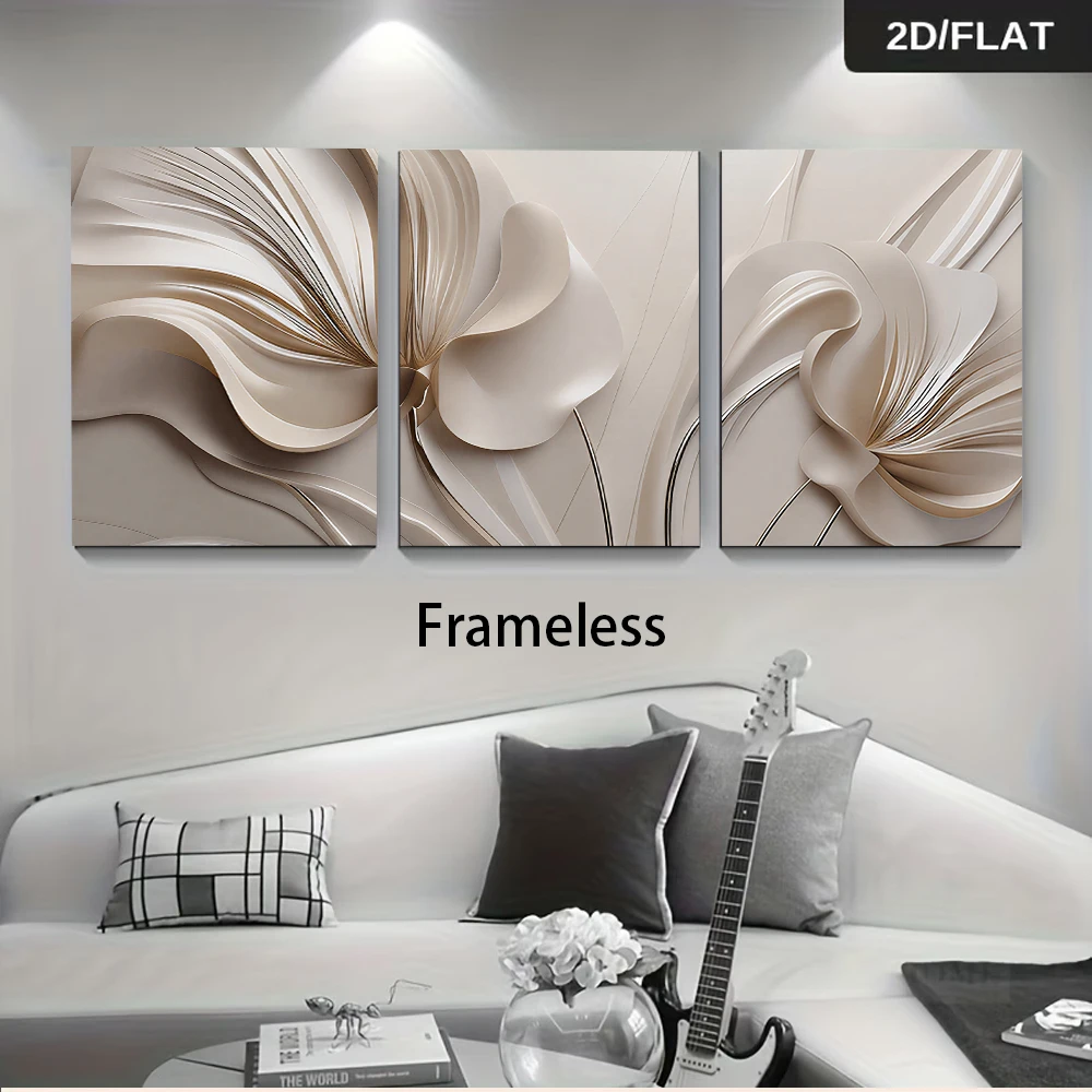 1 set of modern minimalist frameless triptych decorative paintings with abstract floral patterns in 2D.