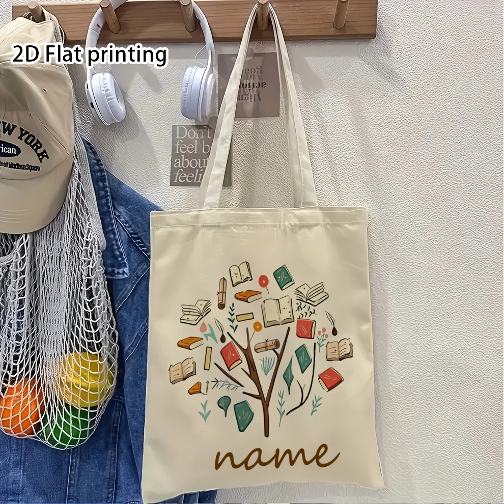 Personalized Book Theme Tote Bag for Women Customizable Name/Initials/Text Book Tree Pattern with Washable Bag for Travel view 5