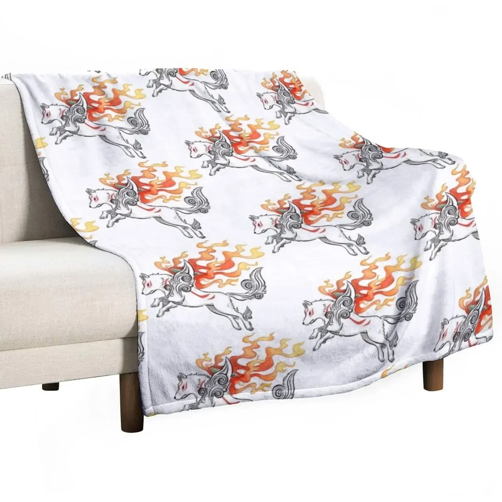 Okami Amaterasu white wolf in watercolour Throw Blanket manga Soft Plaid blankets and throws Blankets