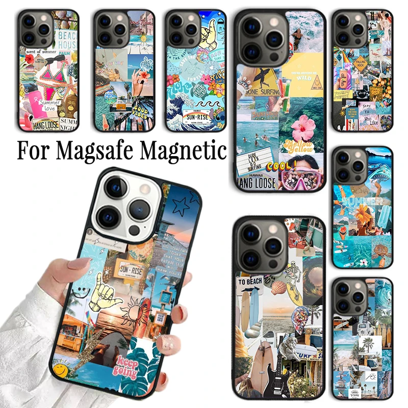 Phone Case For iPhone 16 15 14 13 12 11 Pro Max Plus Magsafe Magnetic Wireless Charging Cover Surf Beachy Blue Summer Collage