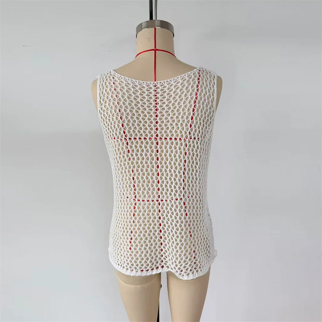 Ärmelloses, gestricktes Tunika-Oberteil mit Sternenmuster, ideal als Stranddecke oder als Oberteil für den Strand, Damenmode, V8517. – Detail 9