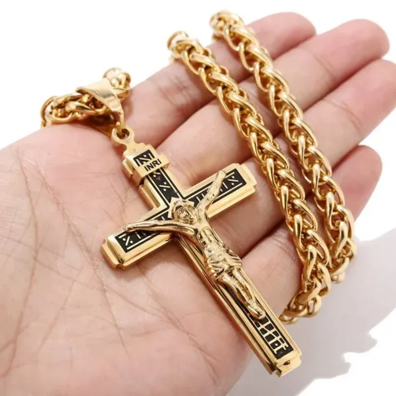 Hip Hop Personality Cross Religious Pendant Necklace for Men Charm Jesus Cross Jewelry Teen Accessories Birthday Gift for Men