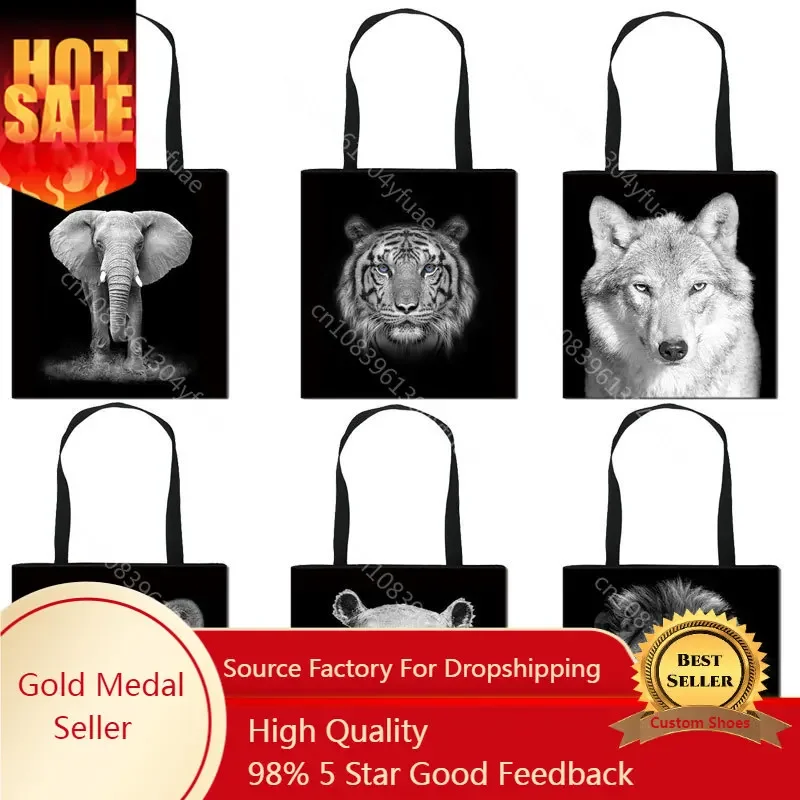 

Black White Animals Shopping Bag lions Tigers Tote Shopper Bag Women Canvas Shoulder Bag Female Funny Eco Large-capacity Handbag