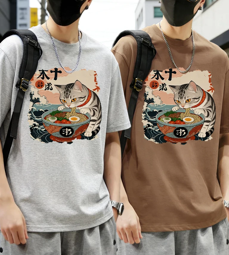 

A Cat That Likes To Eat Noodles Design Man Cotton Basics Summer Short Sleeve Sets Loose Youthful T Shirt Comfy All-Match Tops