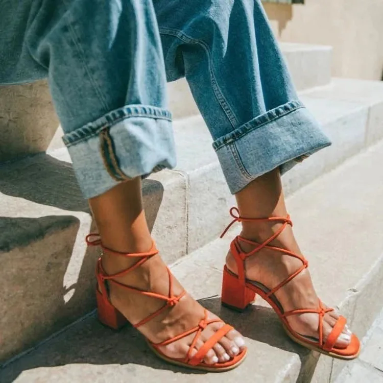 Velvet Shoes Mid-Calf Strap Luxury Sandals Strappy Heels Med 2024 Women\'s Suit Female Beige Large Size Suede Fashion Medium Gir