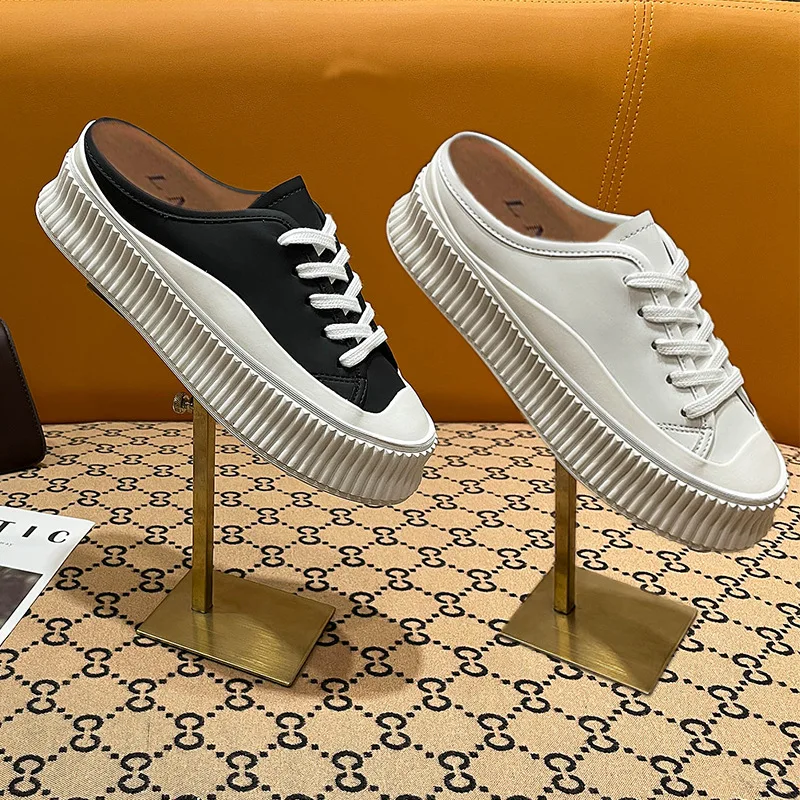 Canvas shoes women summer 2023 new half slippers casual platform lazy white shoes
