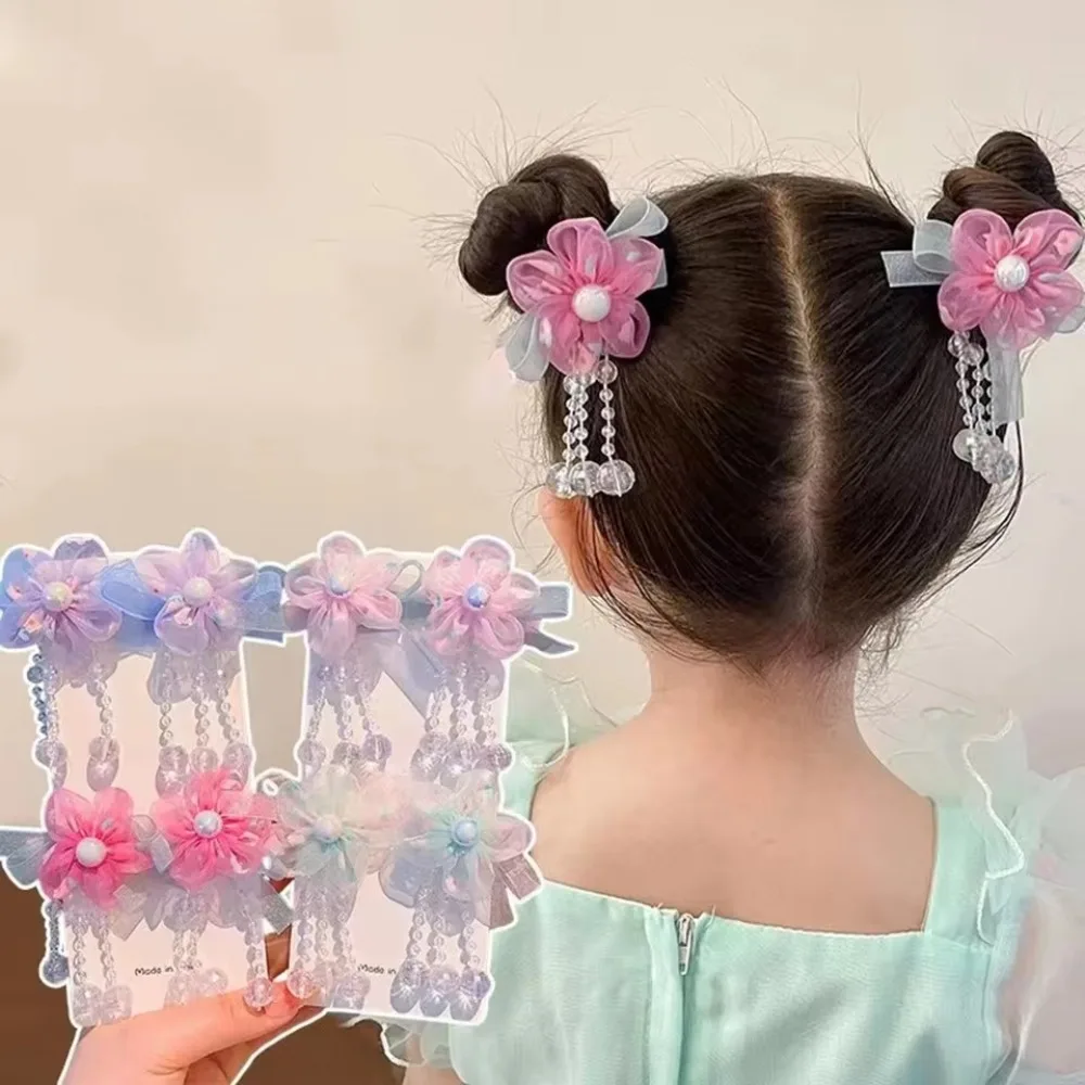 2 Stück Kinder-Hanfu-Kopfschmuck mit Blumenquasten im antiken Stil, Haarspangen, chinesischer Stil, Quasten-Haarspange für kleine Mädchen