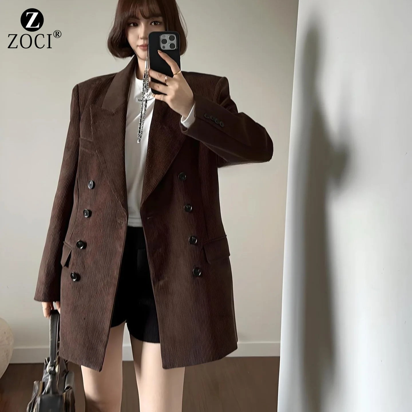 [ZOCI] Correct version Maillard autumn winter new style Haili same corduroy double breasted suit jacket