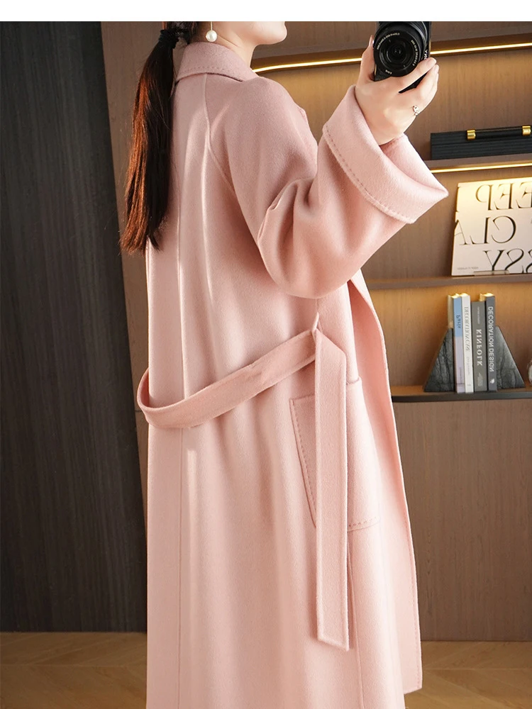 RosEvans High Quality Water Ripple Pink Double-sided Wool Jacket Belt Lapel Women coat Long Sleeve Long New Fashion Loose Coat