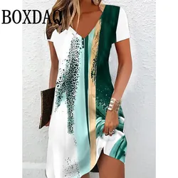 Vintage Print Womens Dresses Casual V-Neck Summer Dresses For Women Short Sleeve Y2k Female Midi Dress Loose Sundress Vestidos