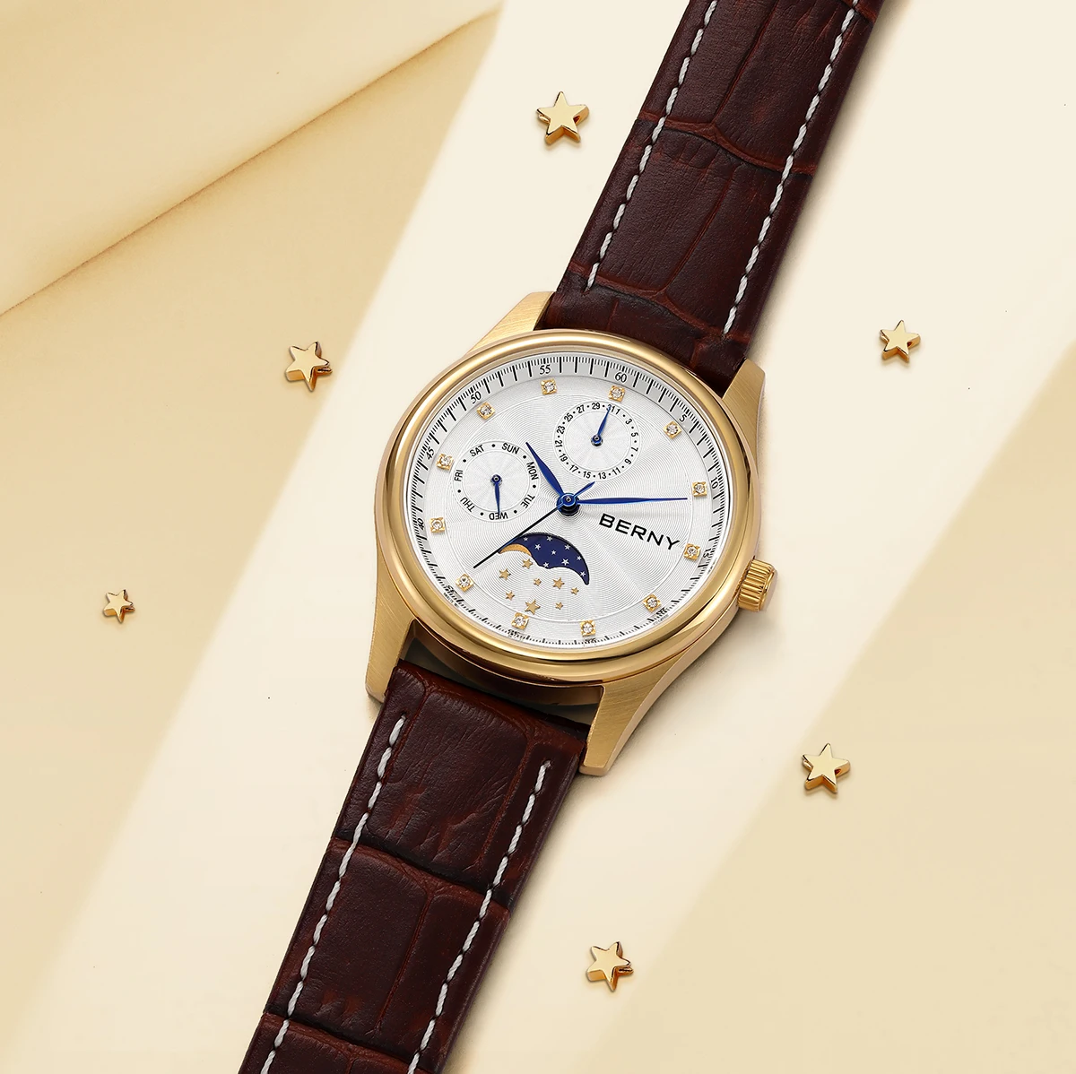 BERNY Damenuhren, Kalender, Datum, Woche, echte Mondphase, Quarz, Damenuhr, Lederarmband, elegante, lässige Damen- und Mädchen-Armbanduhr – Detail 2