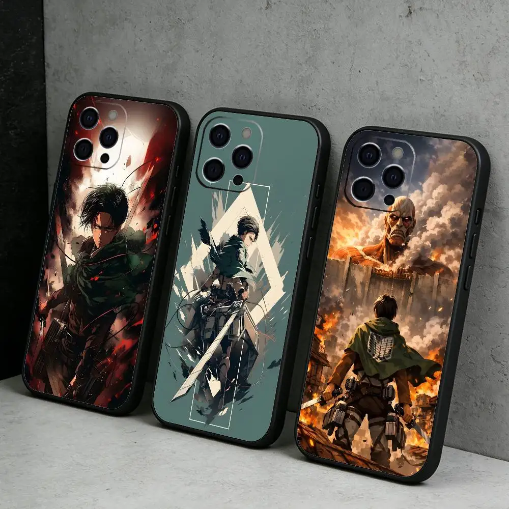 Funda de Silicona Suave Negra para iPhone 17, 16, 15, 14, 13, 12 Plus, Max, con Diseño de Anime ATO L-LeviS Acker-man