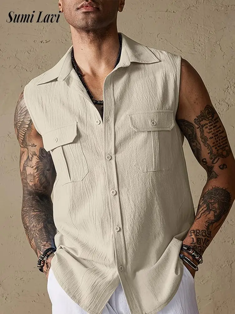 

2025 Summer Casual Solid Color Vest Mens Cardigan Vintage Lapel Button-up Tank Tops Men Daily Leisure Sleeveless Loose Camisoles