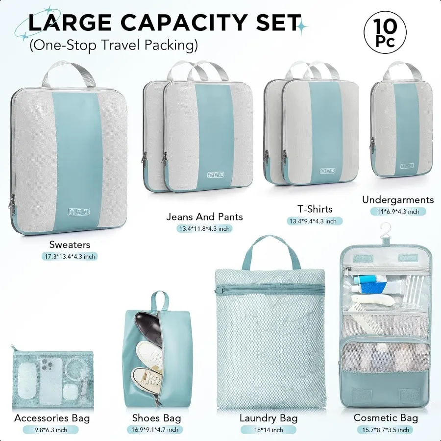 10 Set Comprion Packing Cubes for Travel entialsComprible Expandable Packing Cubes for Suitcase Lage Organizer Bags for Travel