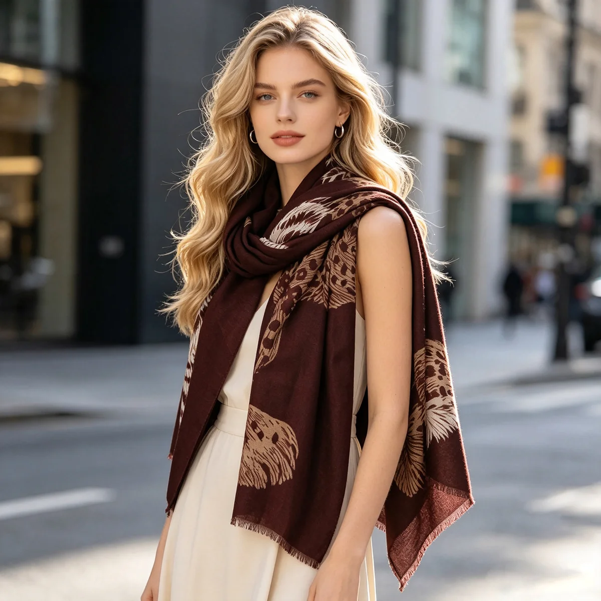 Women's Burgundy Leopard Tiger Print Scarf, Lightweight Fringe Shawl, 180x88cm Fashion Neck Wrap for Daily Casual Outfits