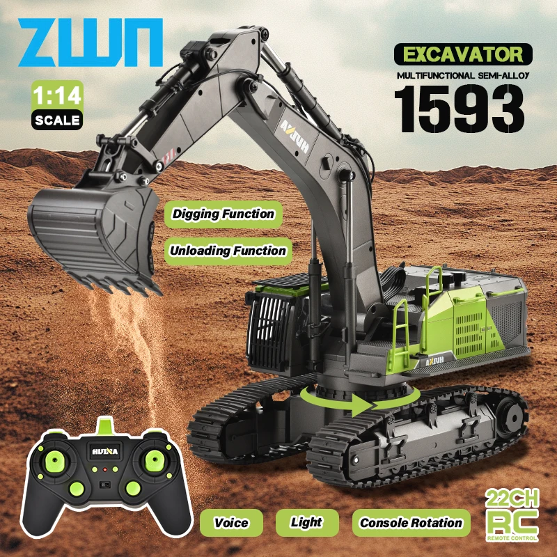 HUINA 1593 2.4G Alloy Remote Control Excavator 1:14 RC Model Car Toy Professional Simulation Construction Vehicle and Accessory