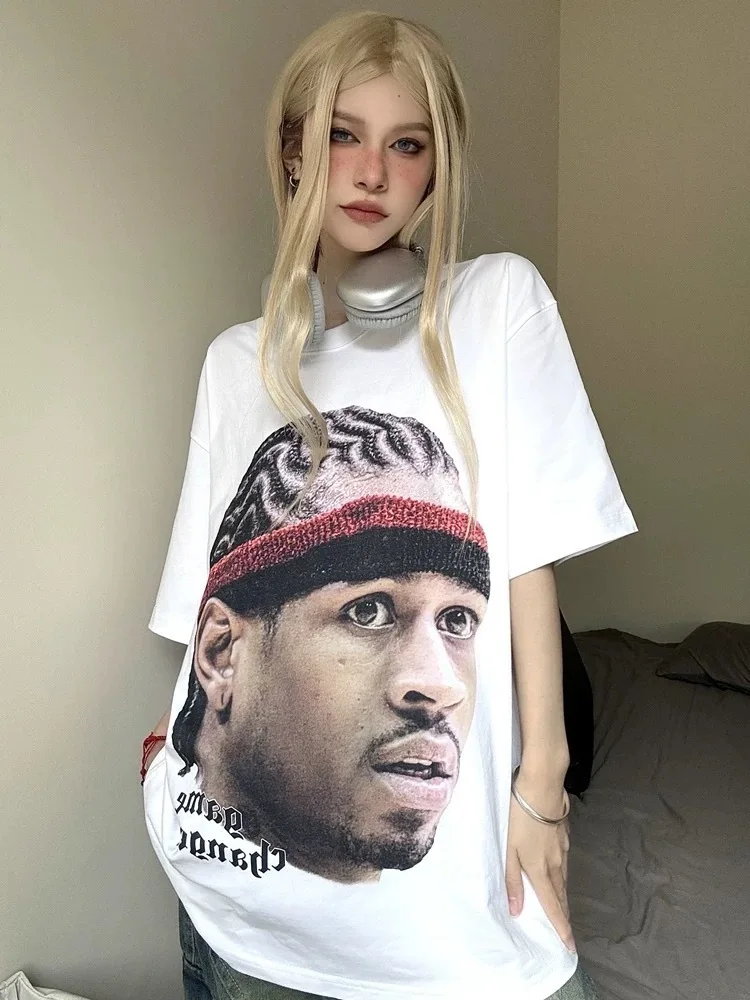 

Винтажная баскетбольная футболка AI3 Iverson с большим лицом и портретным принтом, высококачественные свободные топы большого размера из хлопка