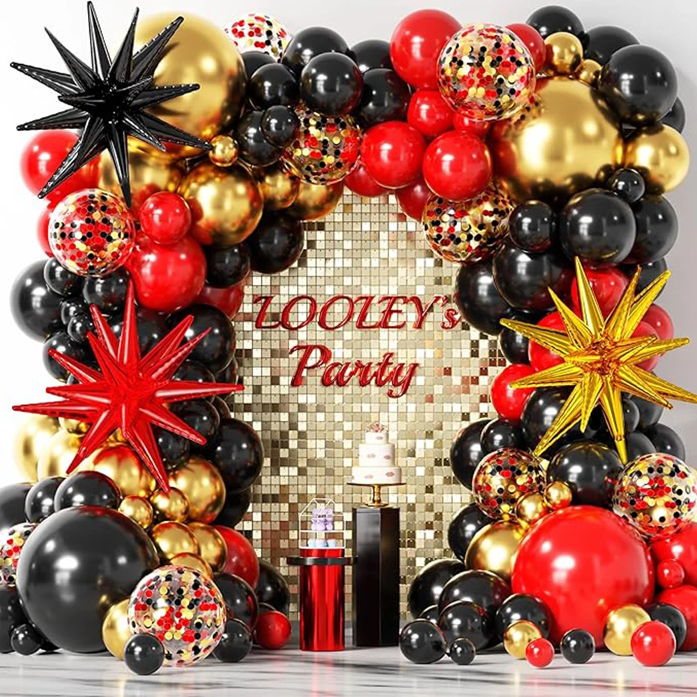 145-teiliges Rotes, Schwarzes und Goldenes Ballon-Bogen-Girlanden-Set, mit Goldener Explodierender Stern-Aluminiumfolienballons, Geeignet für Abschlussfeier