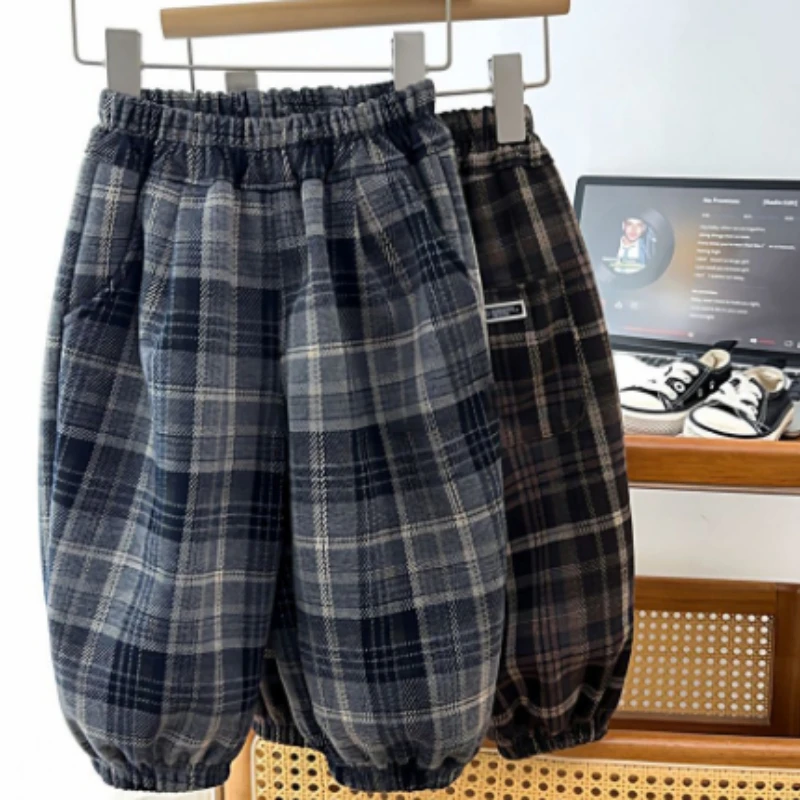 Boys Winter Fleece Thickened Plaid Joggers Pants 2026 New Korean Style Casual Trousers Kids Fashion Bottoms
