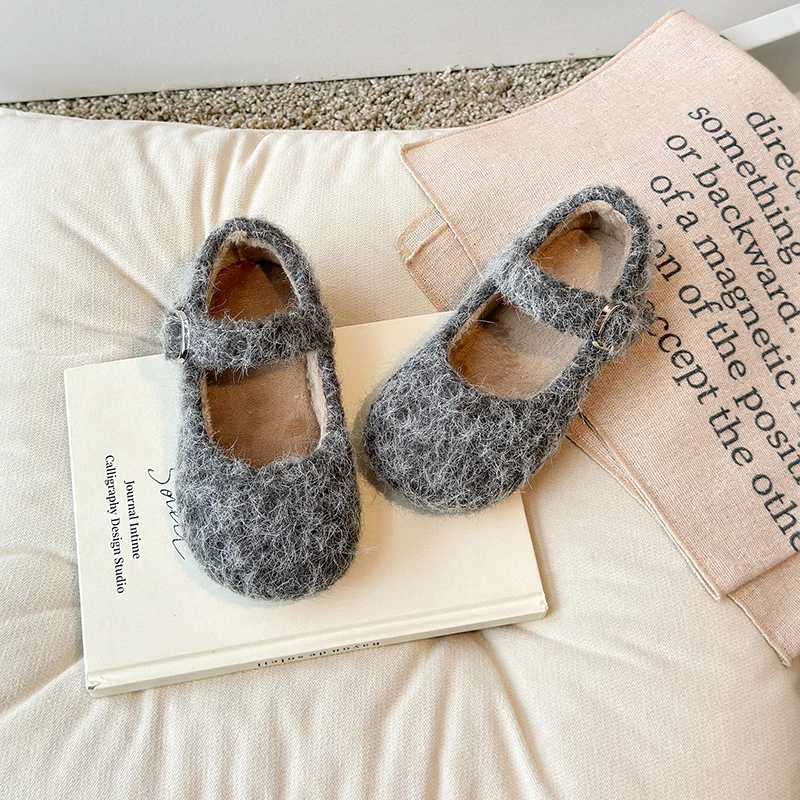 Zapatos de algodón de fondo plano multicolor para niños con correa recta, suela suave antideslizante, punta redonda, zapatos de algodón cálidos informales para invierno